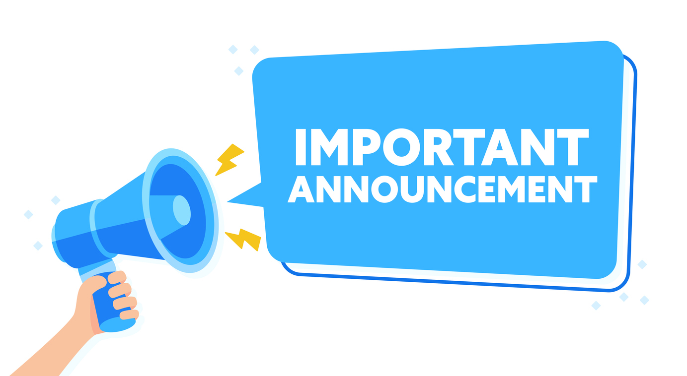 Vibrant Blue Megaphone Announcement Illustration for IMPORTANT ANNOUNCEMENT with Hand Holding Sign