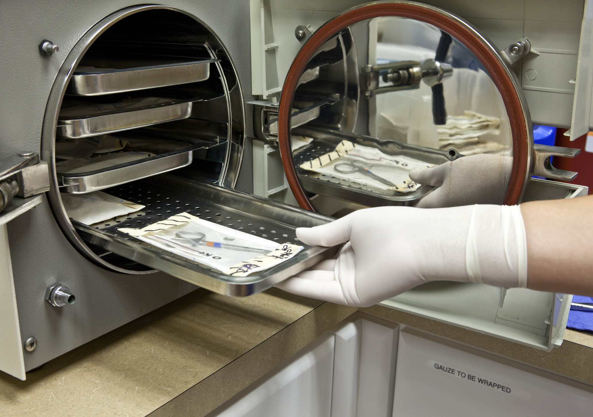 Technician Inserts Surgical Instruments in Autoclave for Sterilization.